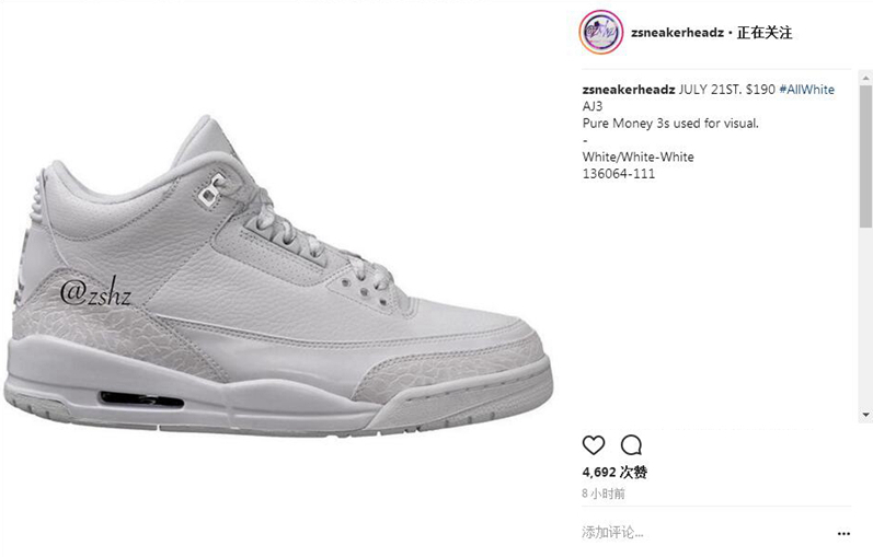 Air Jordan 3,Triple White,AJ3,  七月登场！纯白 Air Jordan 3 “Triple White” 首次曝光