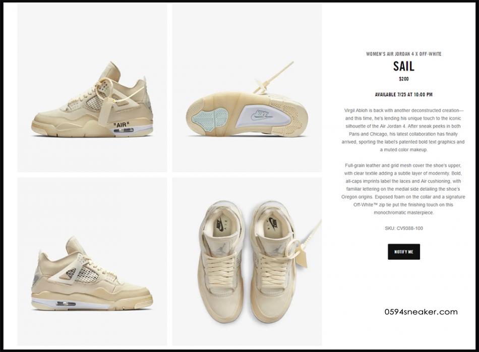 OFF-WHITE x Air Jordan 4 SP WMNS “Sail” 货号：CV9388-100